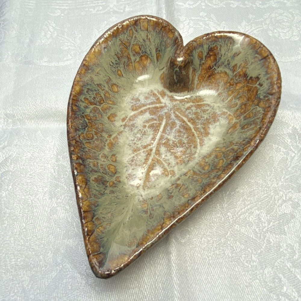 Ceramic Studio Art Pottery Glazed Heart Leaf Print Trinket Dish Tray Signed